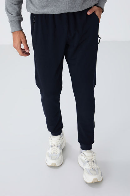 Navy Blue Zippered Standard Fit Jogger Men's Tracksuit Bottom - 84651