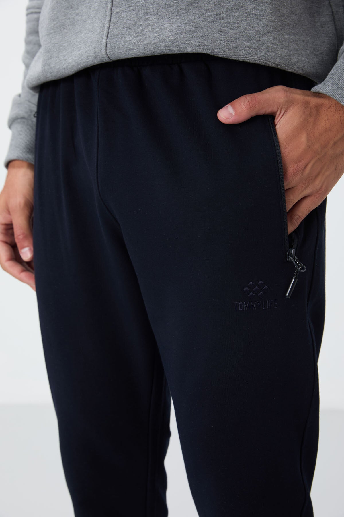 Navy Blue Zippered Standard Fit Jogger Men's Tracksuit Bottom - 84651