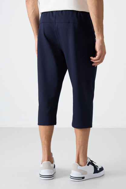 Navy Blue Zippered Standard Fit Classic Hem Men's Capri - 83091