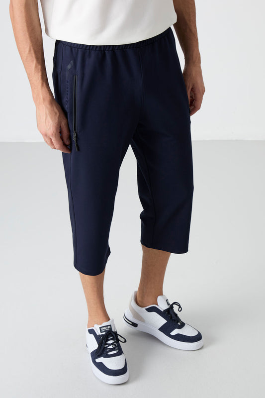 Navy Blue Zippered Standard Fit Classic Hem Men's Capri - 83091