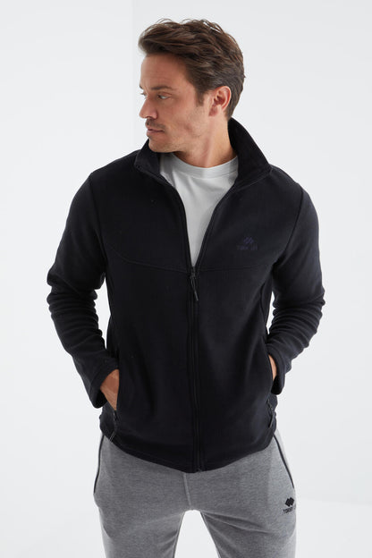 Navy Blue Zippered High Collar Standard Fit Men's Fleece Sweatshirt - 88134