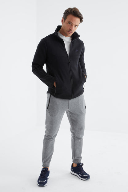 Navy Blue Zippered High Collar Standard Fit Men's Fleece Sweatshirt - 88134