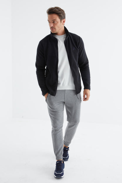 Navy Blue Zippered High Collar Standard Fit Men's Fleece Sweatshirt - 88134