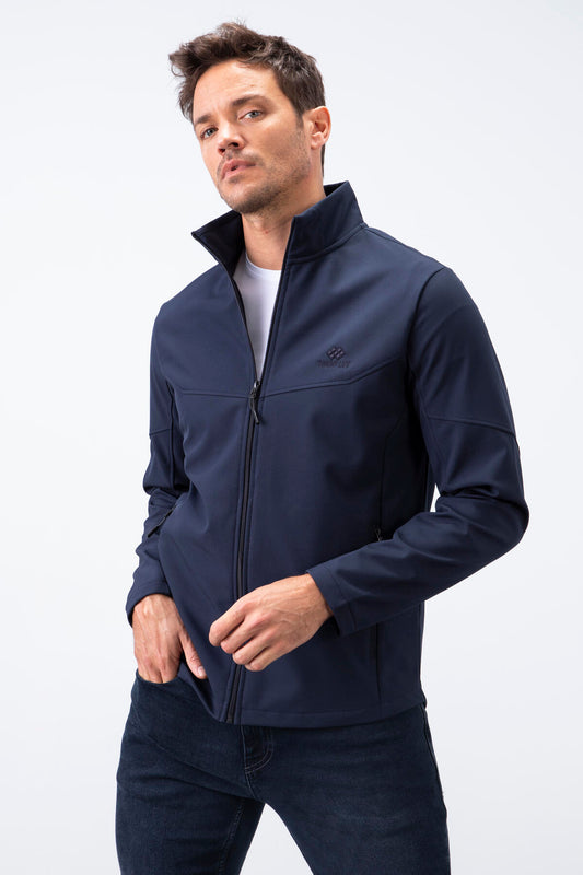 Navy Blue Zippered Stand Collar Water and Windproof Softshell Men's Jacket - 88050