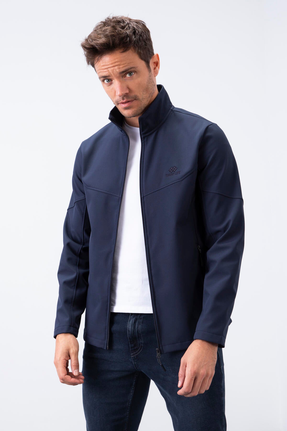 Navy Blue Zippered Stand Collar Water and Windproof Softshell Men's Jacket - 88050