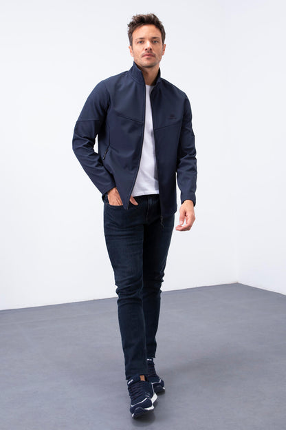 Navy Blue Zippered Stand Collar Water and Windproof Softshell Men's Jacket - 88050