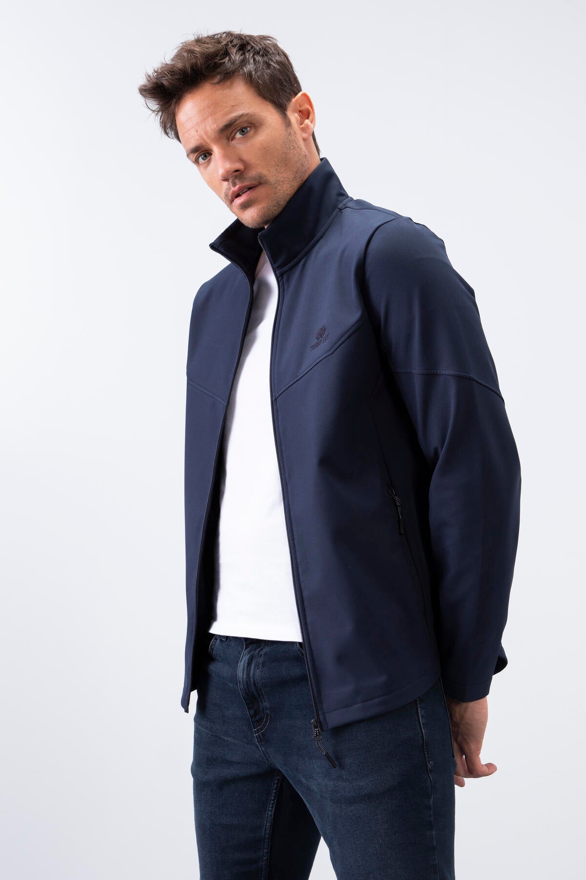 Navy Blue Zippered Stand Collar Water and Windproof Softshell Men's Jacket - 88050