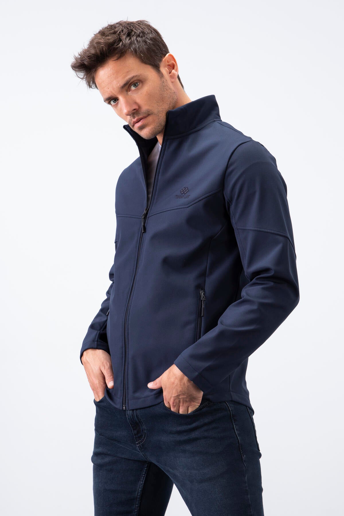 Navy Blue Zippered Stand Collar Water and Windproof Softshell Men's Jacket - 88050