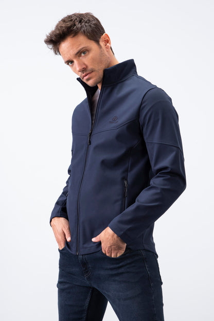 Navy Blue Zippered Stand Collar Water and Windproof Softshell Men's Jacket - 88050
