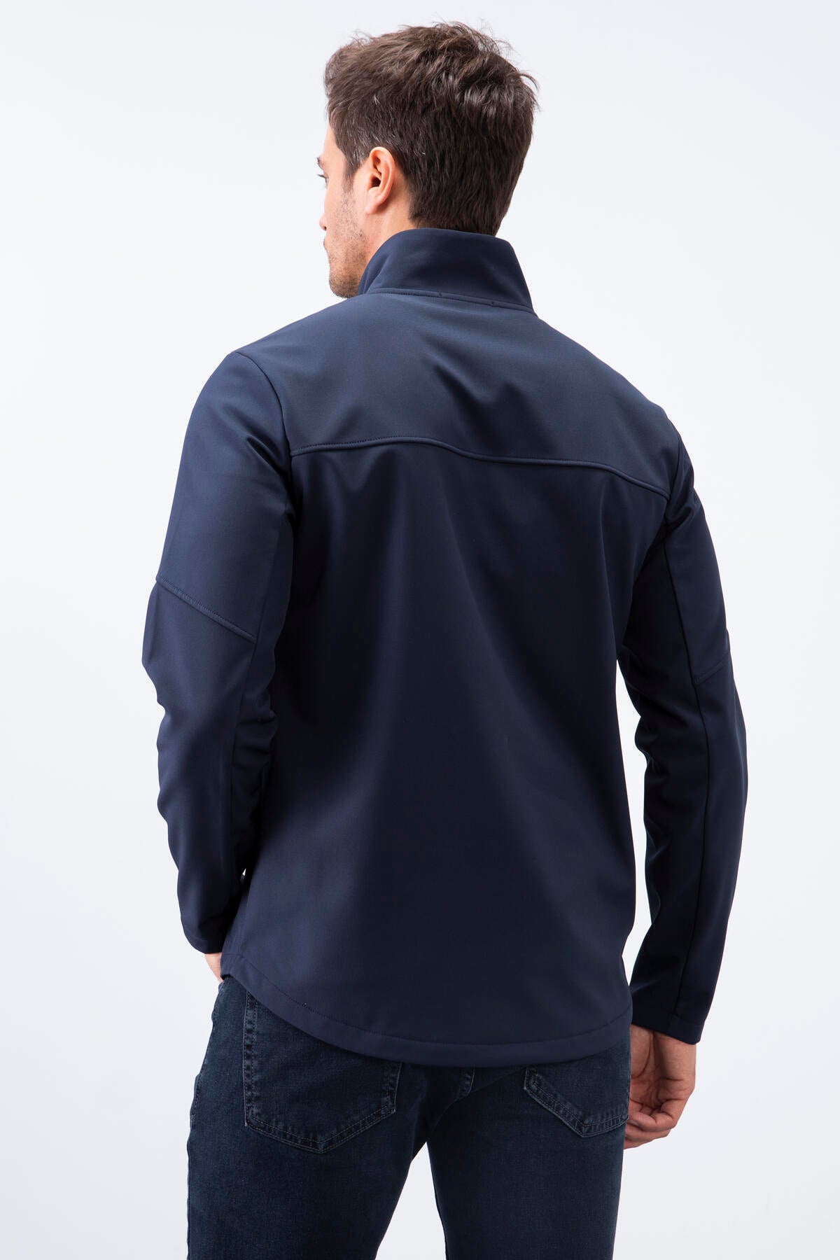 Navy Blue Zippered Stand Collar Water and Windproof Softshell Men's Jacket - 88050