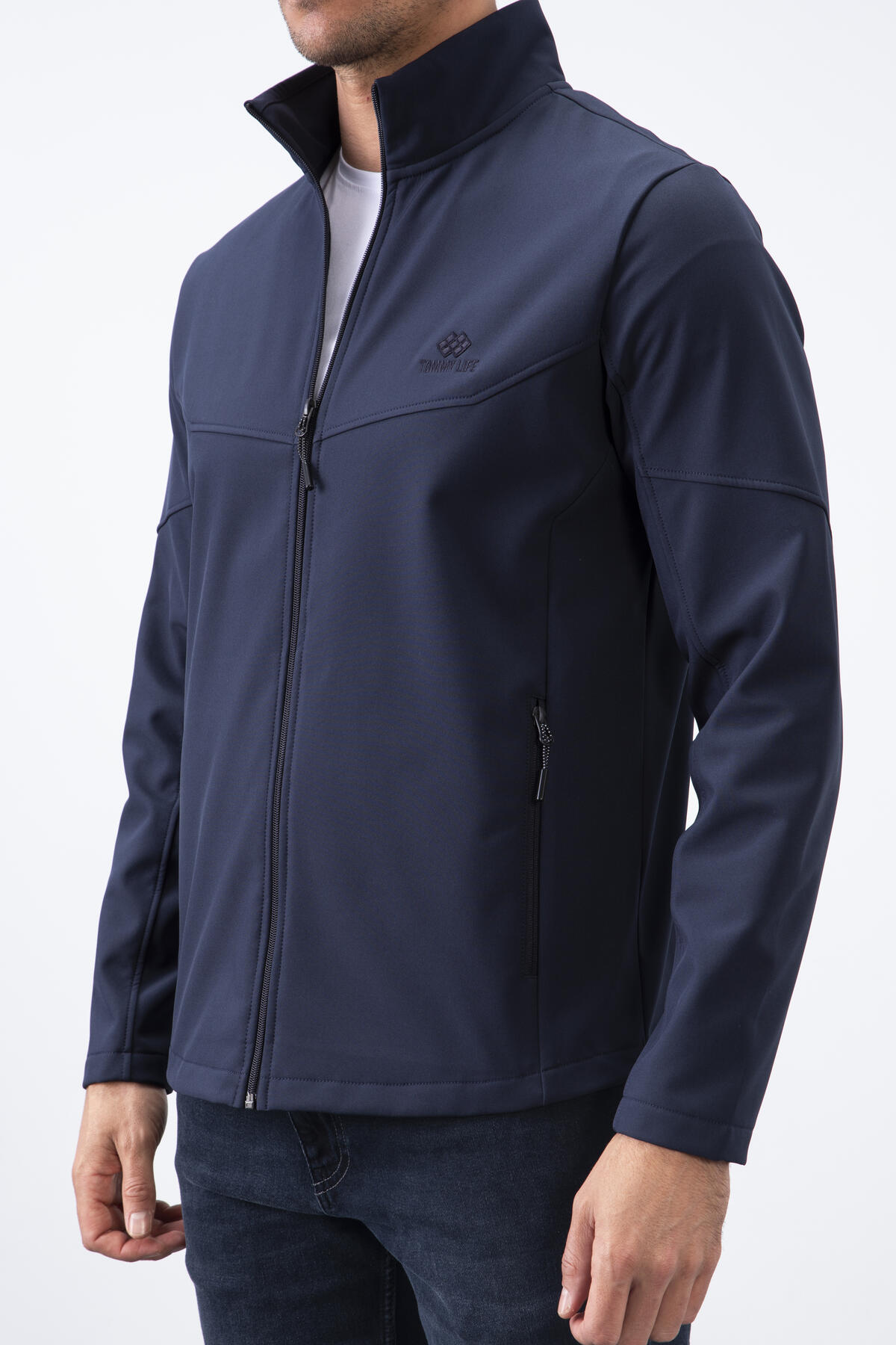 Navy Blue Zippered Stand Collar Water and Windproof Softshell Men's Jacket - 88050