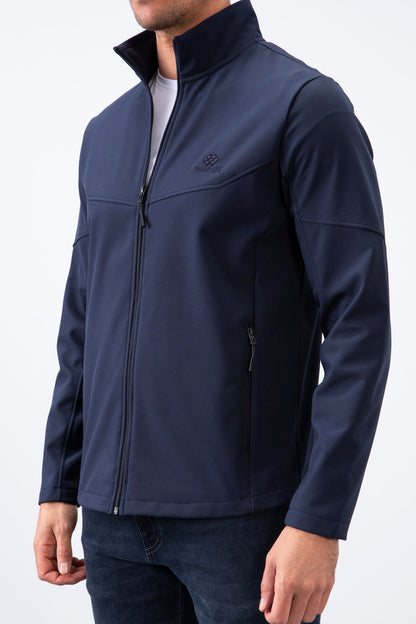 Navy Blue Zippered Stand Collar Water and Windproof Softshell Men's Jacket - 88050