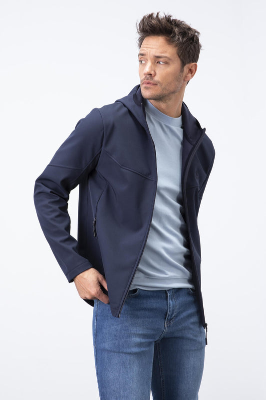 Navy Blue Zippered Hooded Water and Windproof Softshell Men's Jacket - 88051