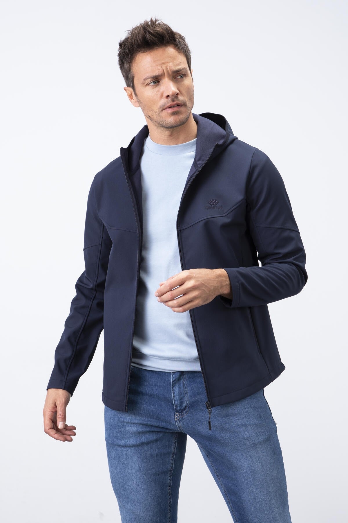 Navy Blue Zippered Hooded Water and Windproof Softshell Men's Jacket - 88051