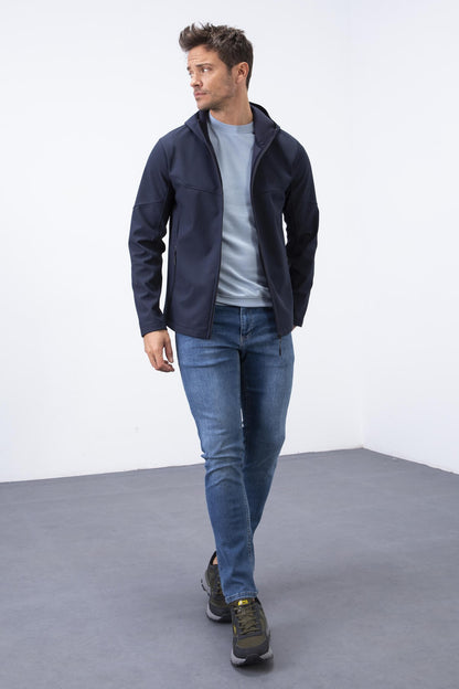 Navy Blue Zippered Hooded Water and Windproof Softshell Men's Jacket - 88051