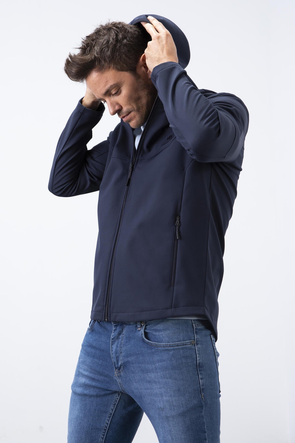 Navy Blue Zippered Hooded Water and Windproof Softshell Men's Jacket - 88051