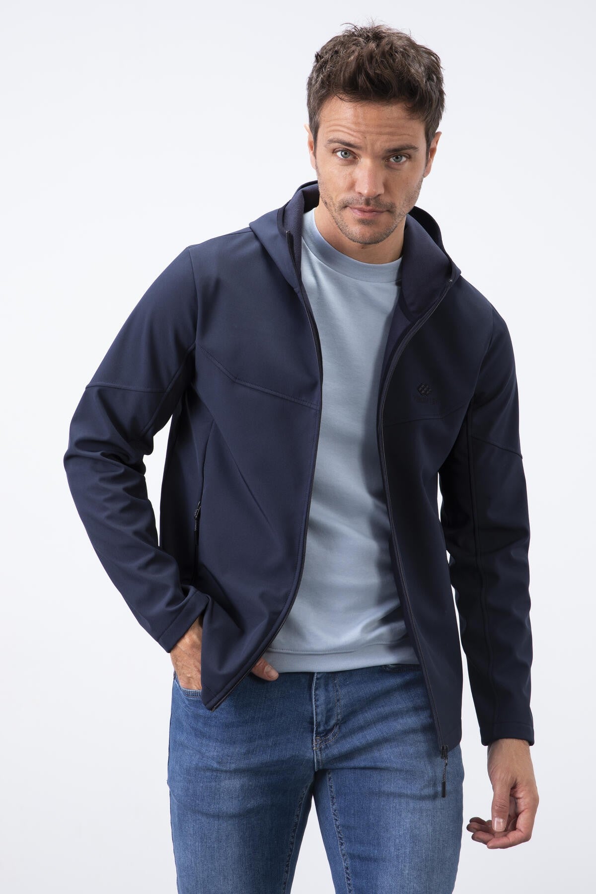 Navy Blue Zippered Hooded Water and Windproof Softshell Men's Jacket - 88051
