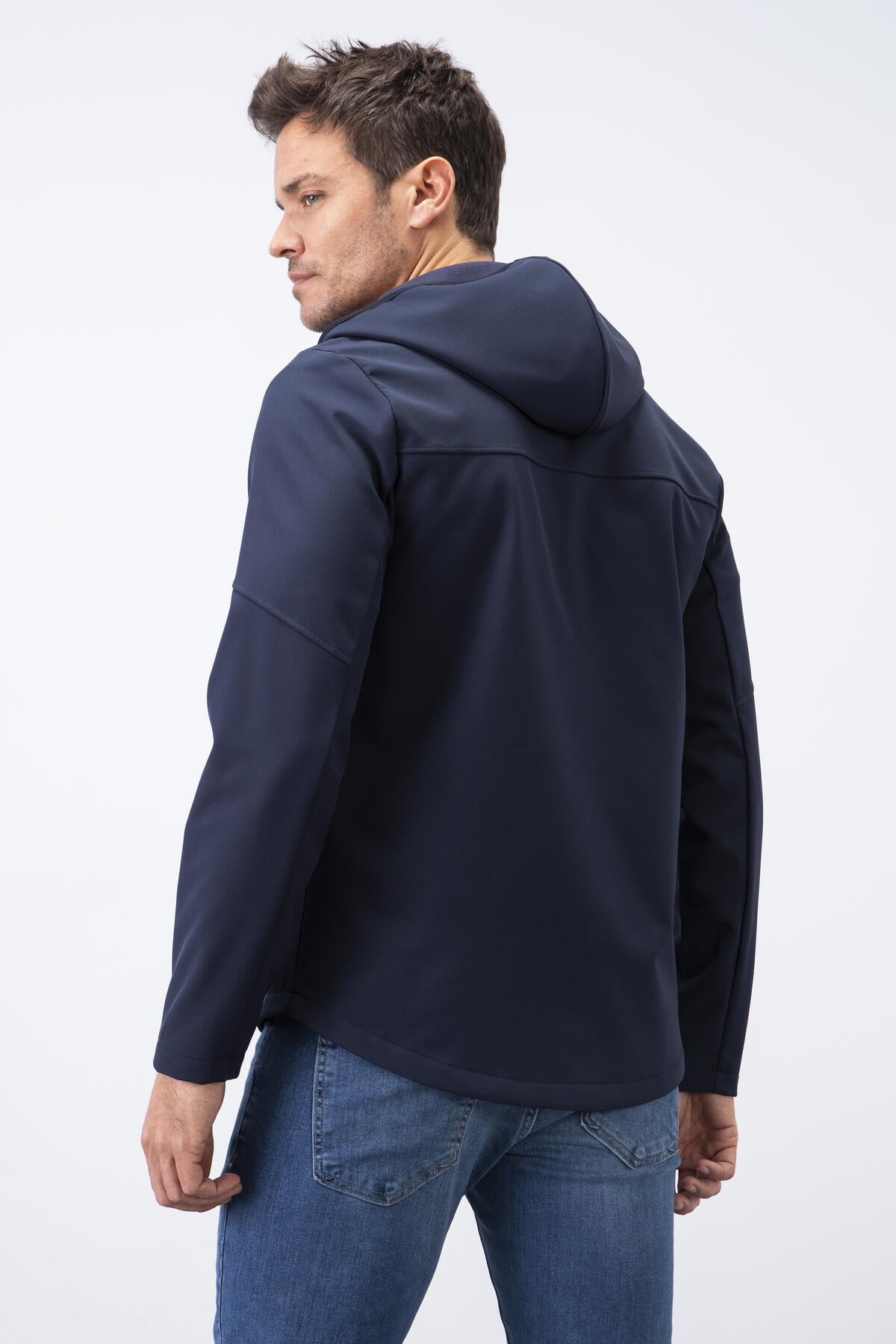 Navy Blue Zippered Hooded Water and Windproof Softshell Men's Jacket - 88051