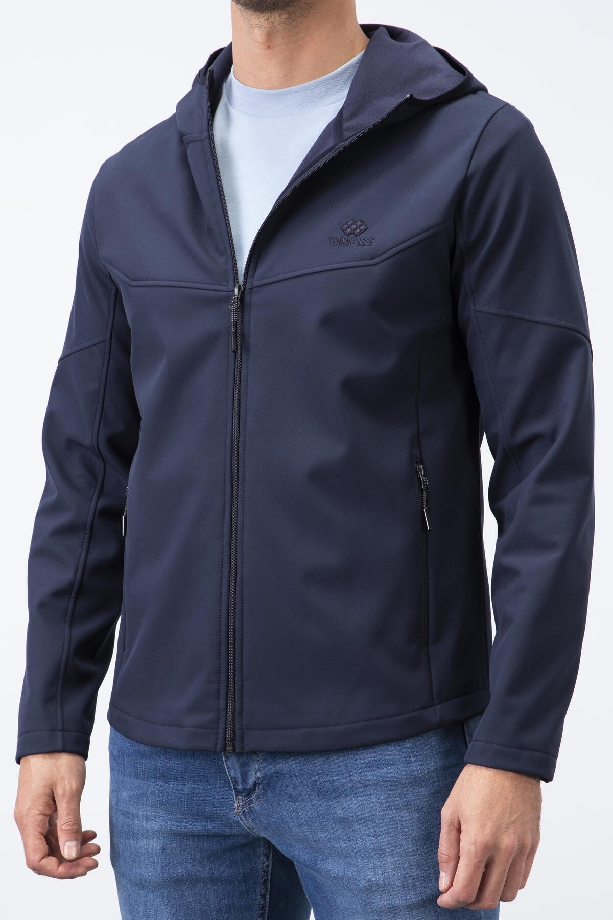 Navy Blue Zippered Hooded Water and Windproof Softshell Men's Jacket - 88051