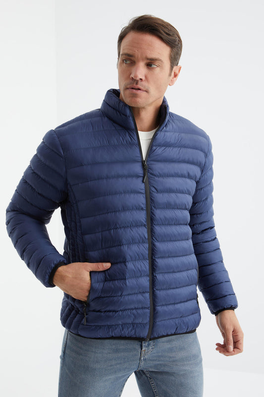 Navy Blue Zippered Standard Fit Cold-Resistant Men's Puffer Jacket - 88166