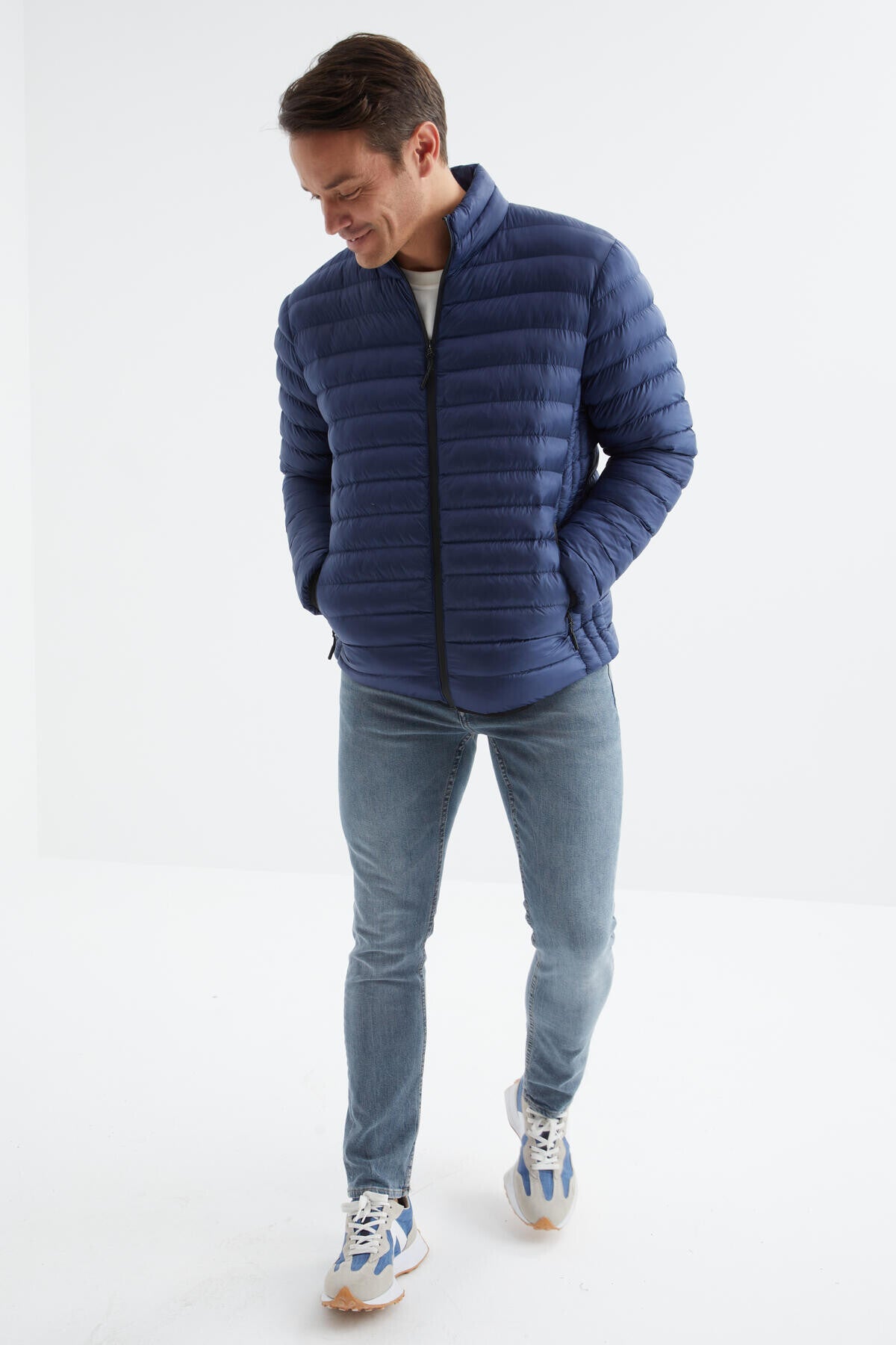 Navy Blue Zippered Standard Fit Cold-Resistant Men's Puffer Jacket - 88166