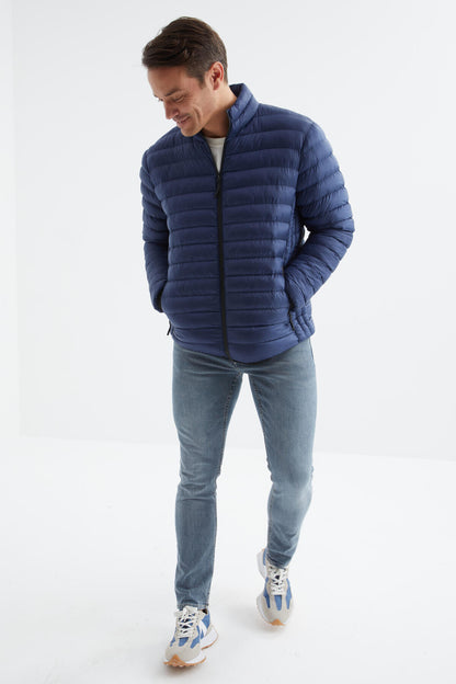 Navy Blue Zippered Standard Fit Cold-Resistant Men's Puffer Jacket - 88166