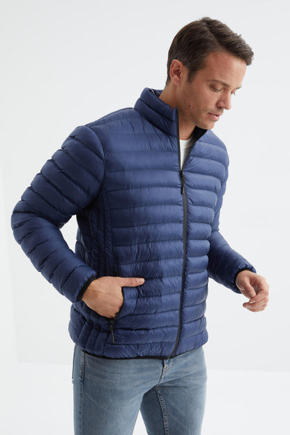 Navy Blue Zippered Standard Fit Cold-Resistant Men's Puffer Jacket - 88166