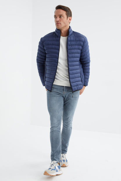 Navy Blue Zippered Standard Fit Cold-Resistant Men's Puffer Jacket - 88166