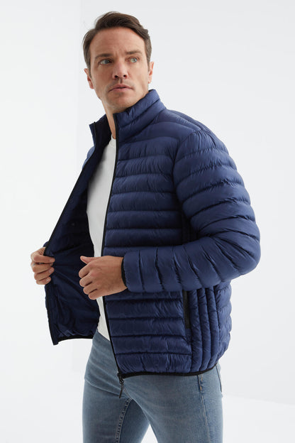 Navy Blue Zippered Standard Fit Cold-Resistant Men's Puffer Jacket - 88166