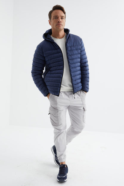 Navy Blue Zippered Standard Fit Cold-Resistant Men's Inflatable Jacket - 88167