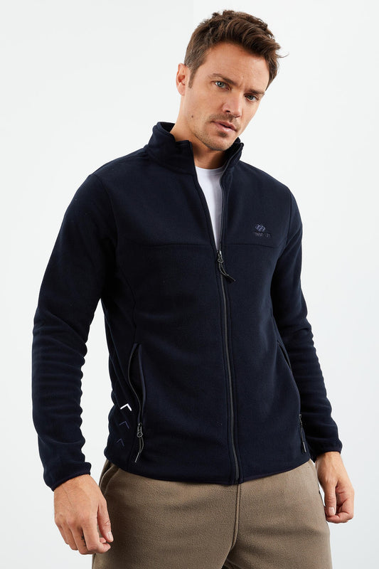 Navy Blue Zippered Sweatshirt Slim Fit Stand-Up Collar Men's Fleece - 87270