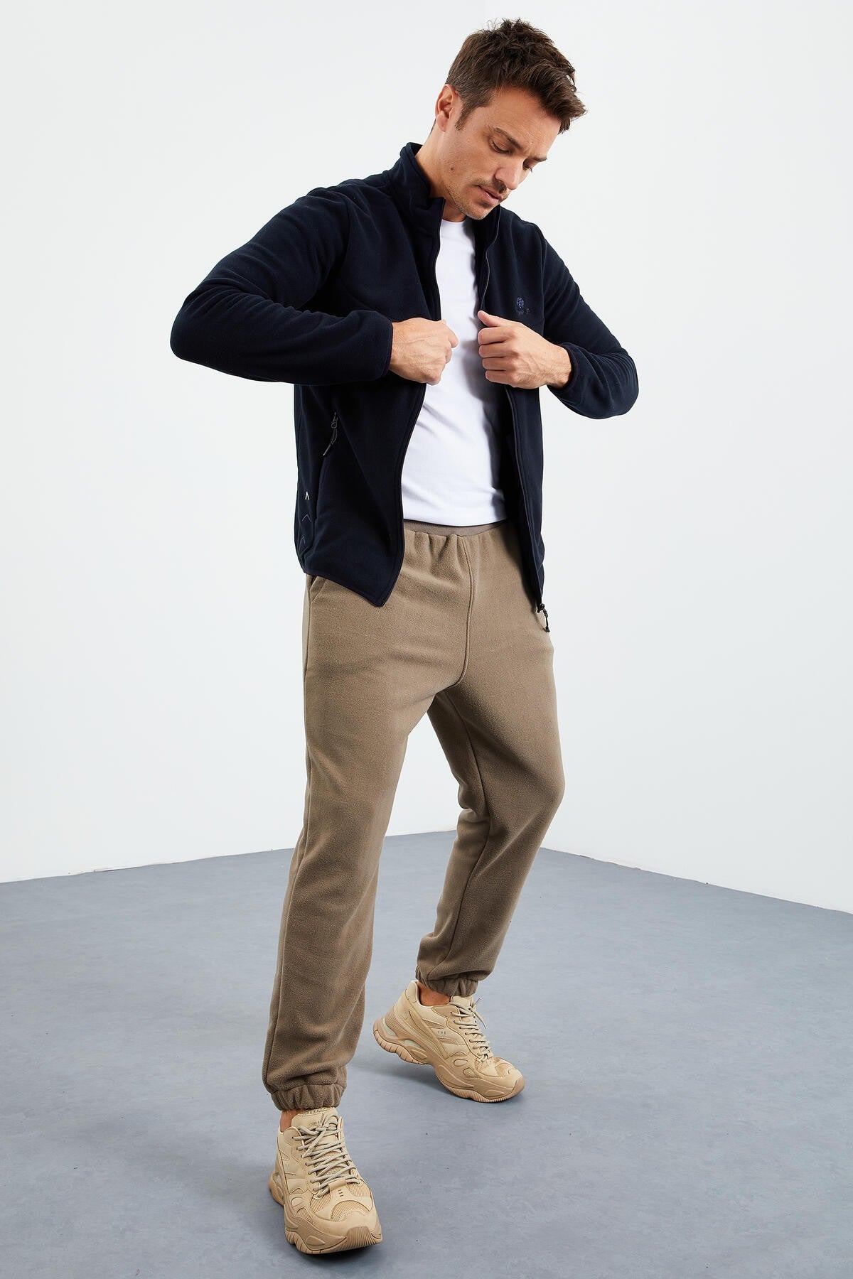 Navy Blue Zippered Sweatshirt Slim Fit Stand-Up Collar Men's Fleece - 87270