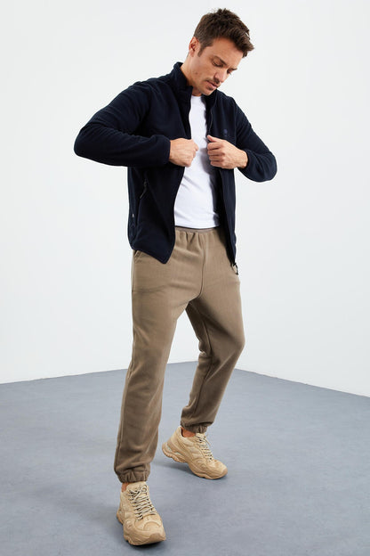 Navy Blue Zippered Sweatshirt Slim Fit Stand-Up Collar Men's Fleece - 87270