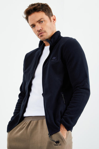 Navy Blue Zippered Sweatshirt Slim Fit Stand-Up Collar Men's Fleece - 87270