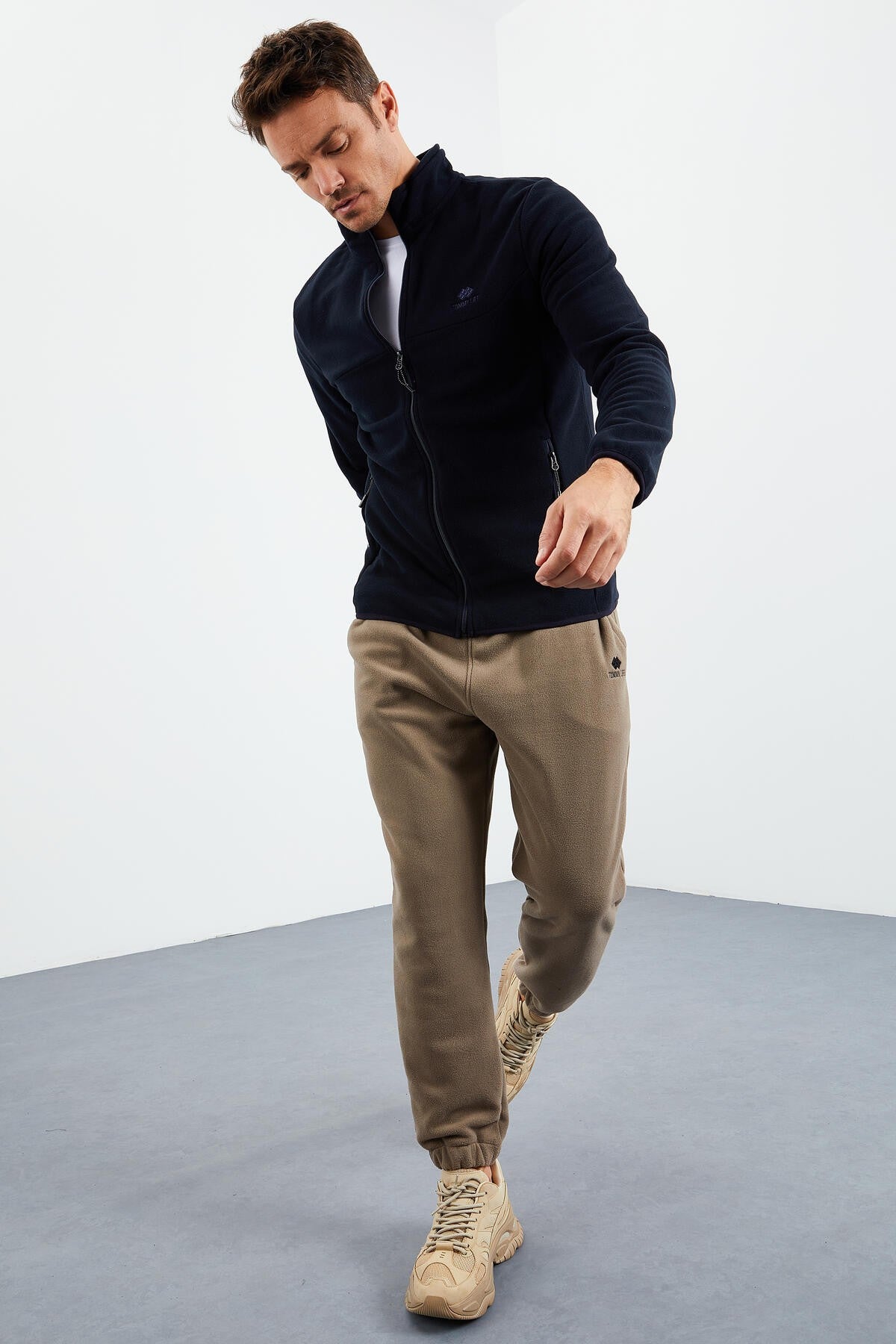 Navy Blue Zippered Sweatshirt Slim Fit Stand-Up Collar Men's Fleece - 87270