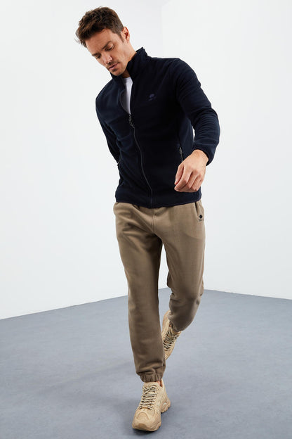 Navy Blue Zippered Sweatshirt Slim Fit Stand-Up Collar Men's Fleece - 87270