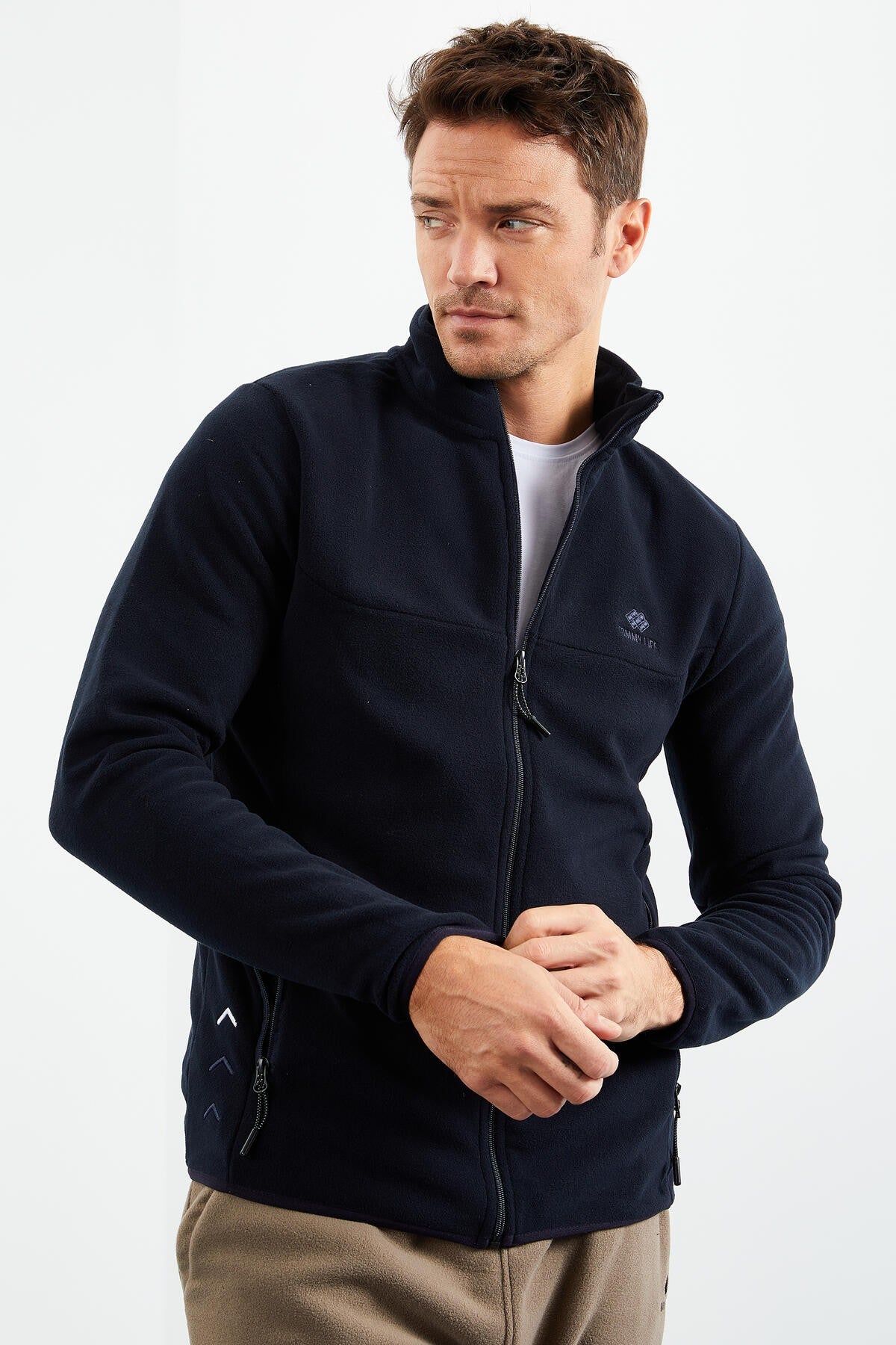 Navy Blue Zippered Sweatshirt Slim Fit Stand-Up Collar Men's Fleece - 87270