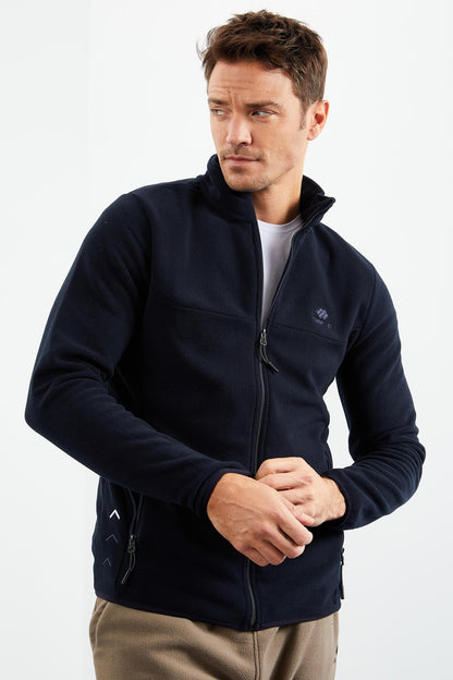 Navy Blue Zippered Sweatshirt Slim Fit Stand-Up Collar Men's Fleece - 87270