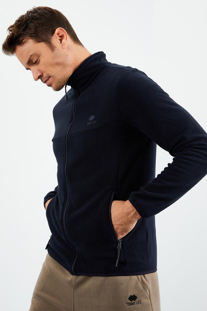 Navy Blue Zippered Sweatshirt Slim Fit Stand-Up Collar Men's Fleece - 87270