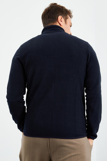 Navy Blue Zippered Sweatshirt Slim Fit Stand-Up Collar Men's Fleece - 87270