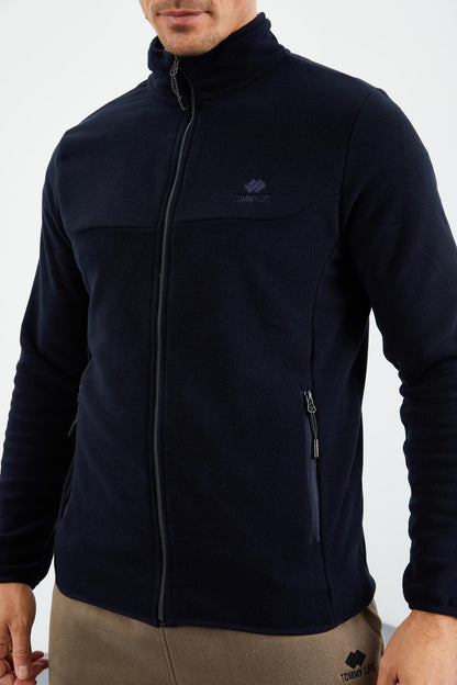 Navy Blue Zippered Sweatshirt Slim Fit Stand-Up Collar Men's Fleece - 87270
