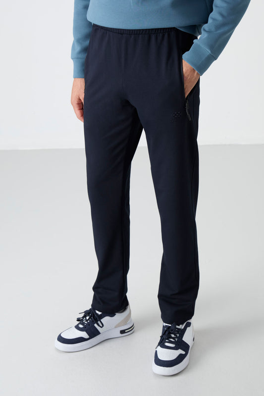 Navy Blue Zippered Three-Pocket Slim Fit Classic Cuffed Men's Tracksuit Bottom - 84671