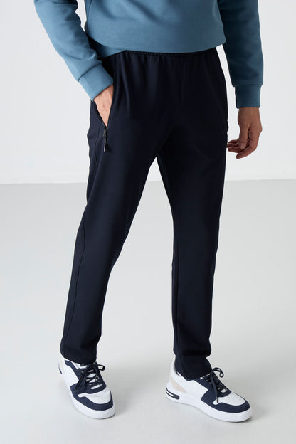 Navy Blue Zippered Three-Pocket Slim Fit Classic Cuffed Men's Tracksuit Bottom - 84671