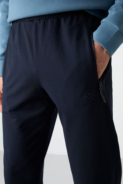 Navy Blue Zippered Three-Pocket Slim Fit Classic Cuffed Men's Tracksuit Bottom - 84671