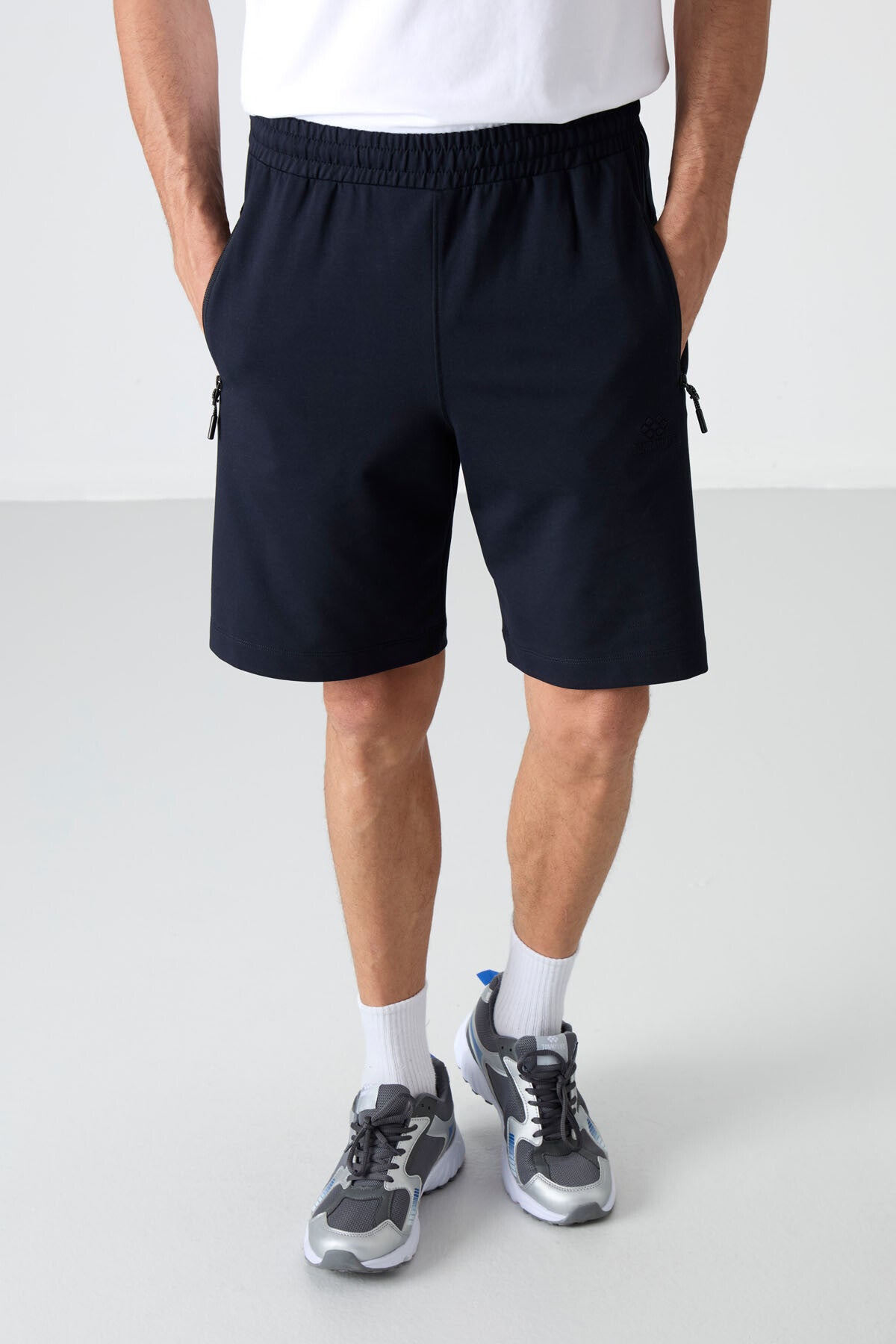 Navy Blue Hidden Zipper Back Pocket Laced Standard Fit Men's Shorts - 81136