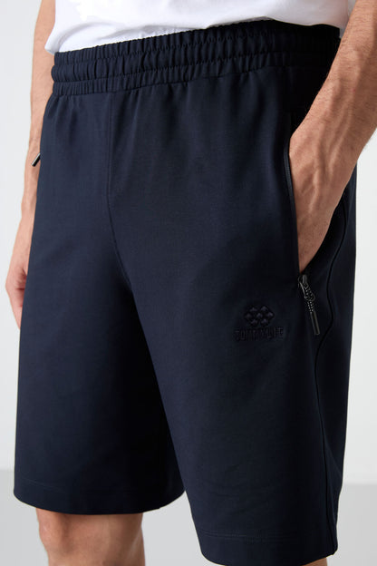 Navy Blue Hidden Zipper Back Pocket Laced Standard Fit Men's Shorts - 81136