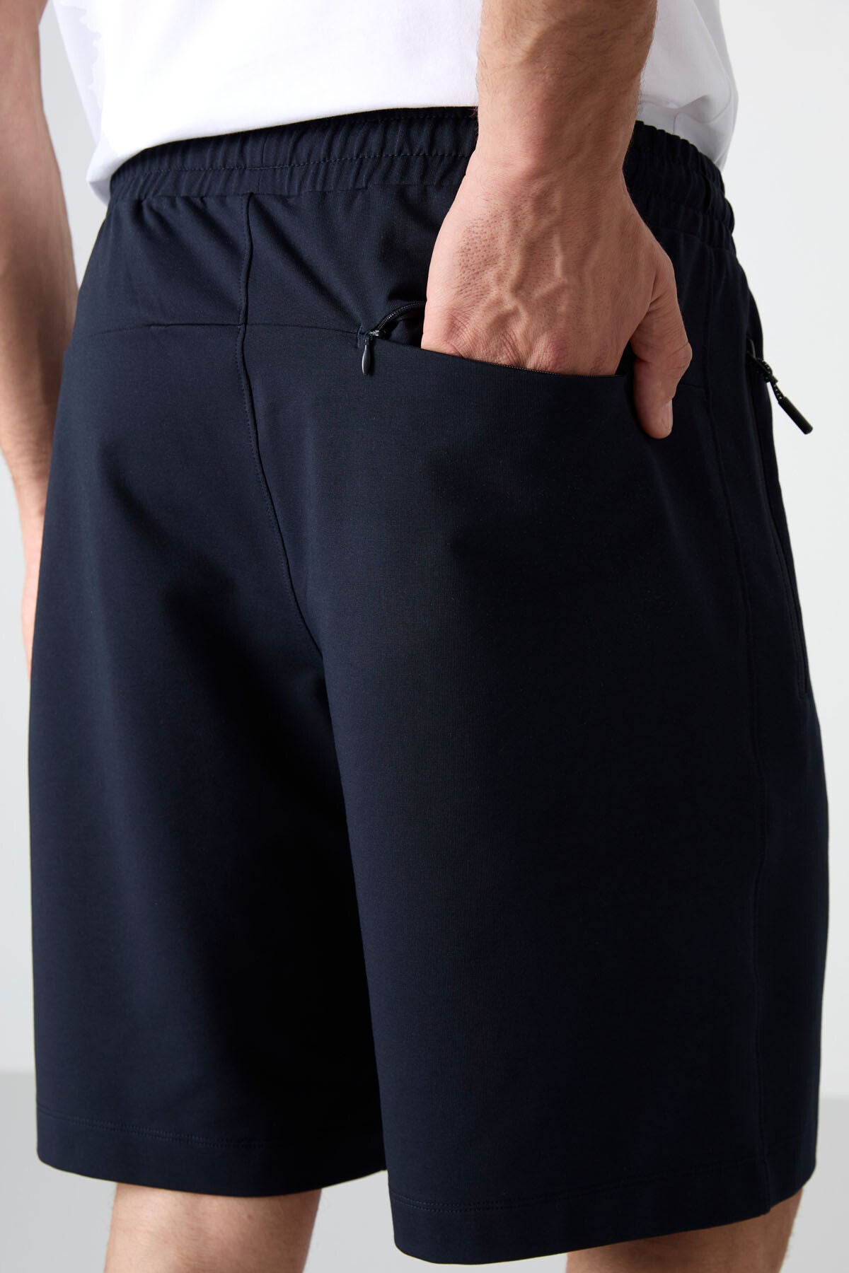 Navy Blue Hidden Zipper Back Pocket Laced Standard Fit Men's Shorts - 81136