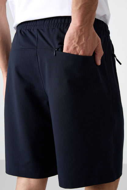 Navy Blue Hidden Zipper Back Pocket Laced Standard Fit Men's Shorts - 81136