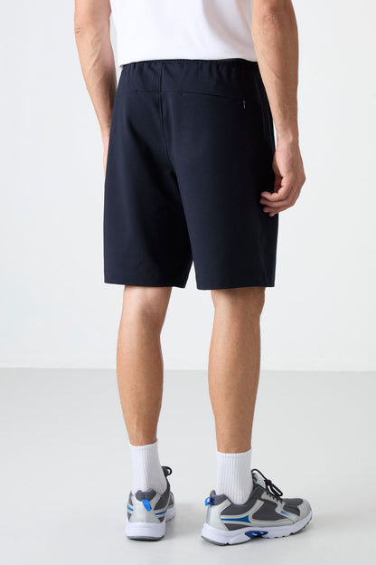 Navy Blue Hidden Zipper Back Pocket Laced Standard Fit Men's Shorts - 81136