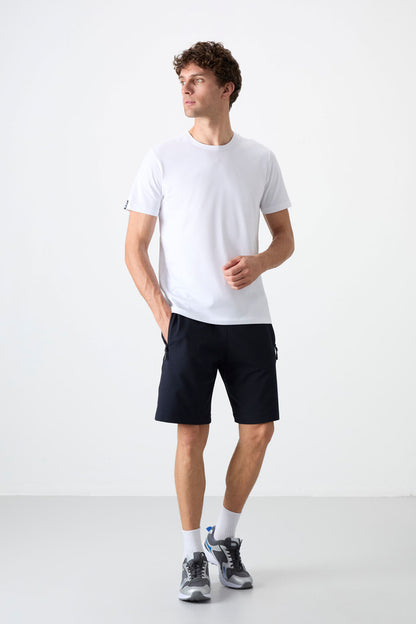 Navy Blue Hidden Zipper Back Pocket Laced Standard Fit Men's Shorts - 81136